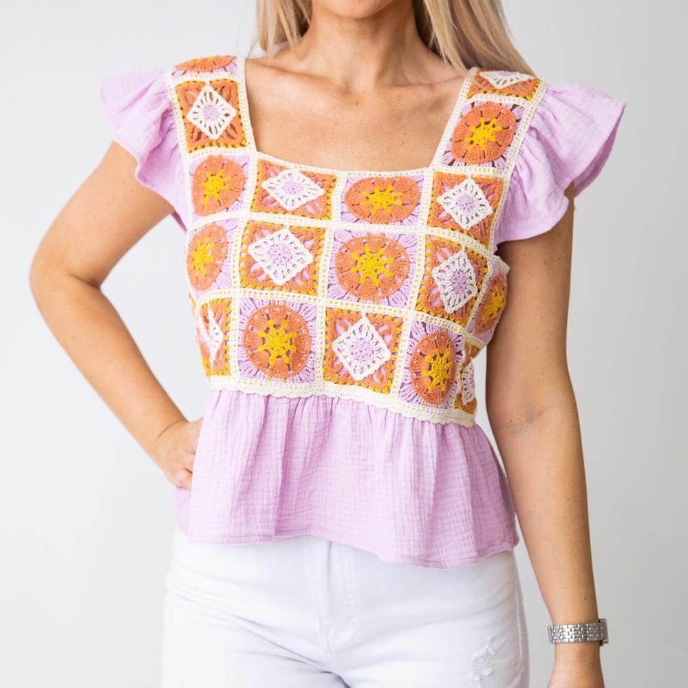 Entro Grandma Square Lilac Gauze Square Neck Top